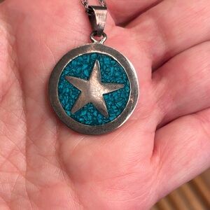 Vintage Sterling Silver Mexican HMP Mosaic Star Pendant with Genuine Turquoise